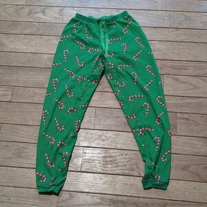 Women's Christmas green thermal pajama pants with candy cane print, size small